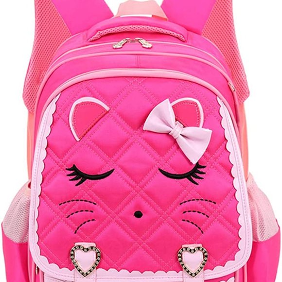 * New Cute Cat Face Bow Diamond Bling Waterproof Pink School Backpack Girls Book - Picture 14 of 15